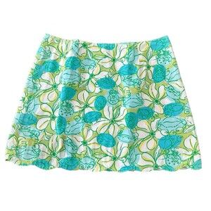 Vtg Lilly Pulitzer Scalloped Cotton Mini Skirt Women Sz 6 Blue Green Floral Line